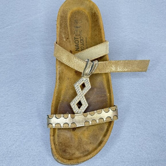 NAOT Aspen Leather Sandals Wedge Cork Gold Metallic Rhinestones EU 38 US 7 - 7.5 - Picture 6 of 16